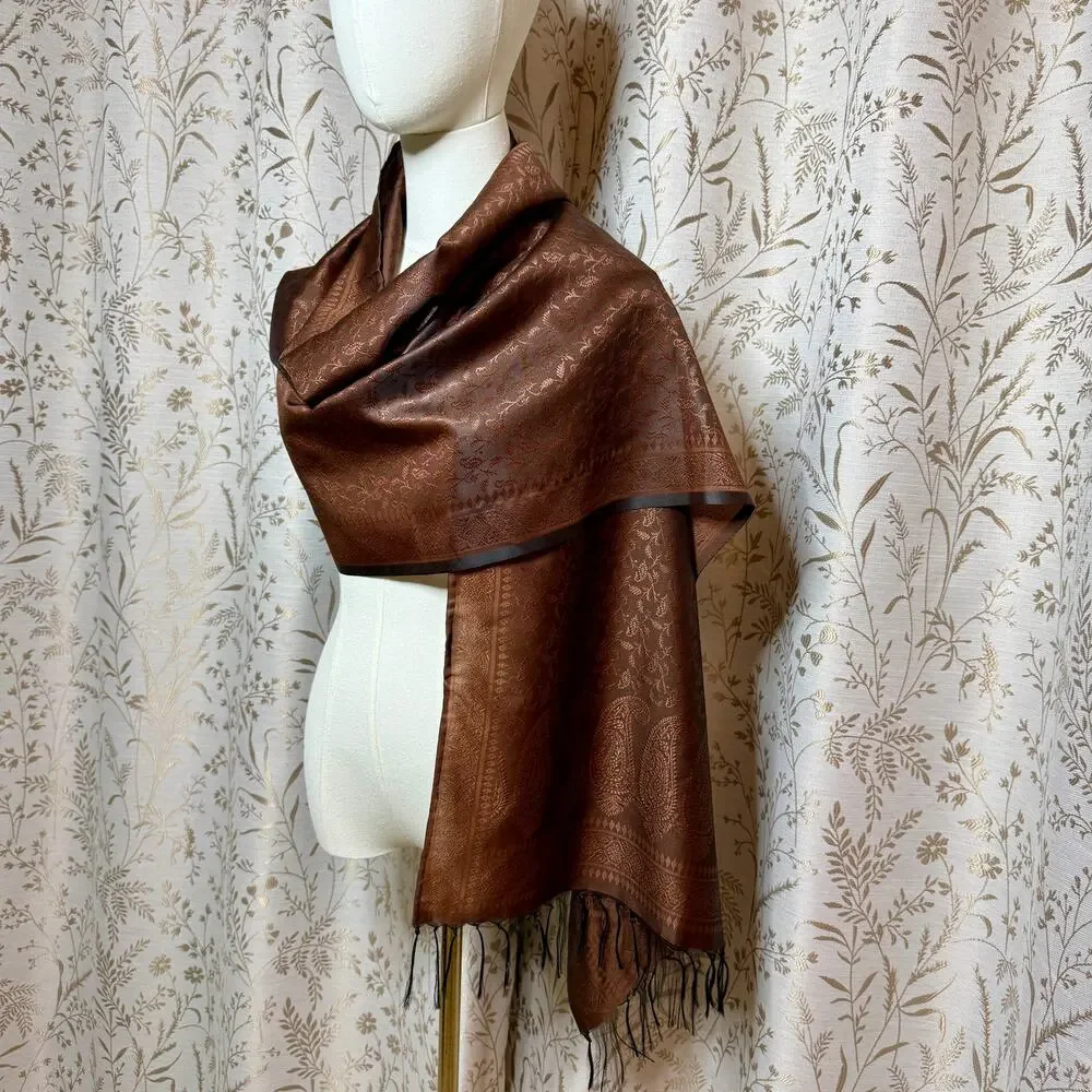Silk Paisley Pashmina Shawl Wrap OS Brown Fringe Vintage Fall Boho Cottagecore